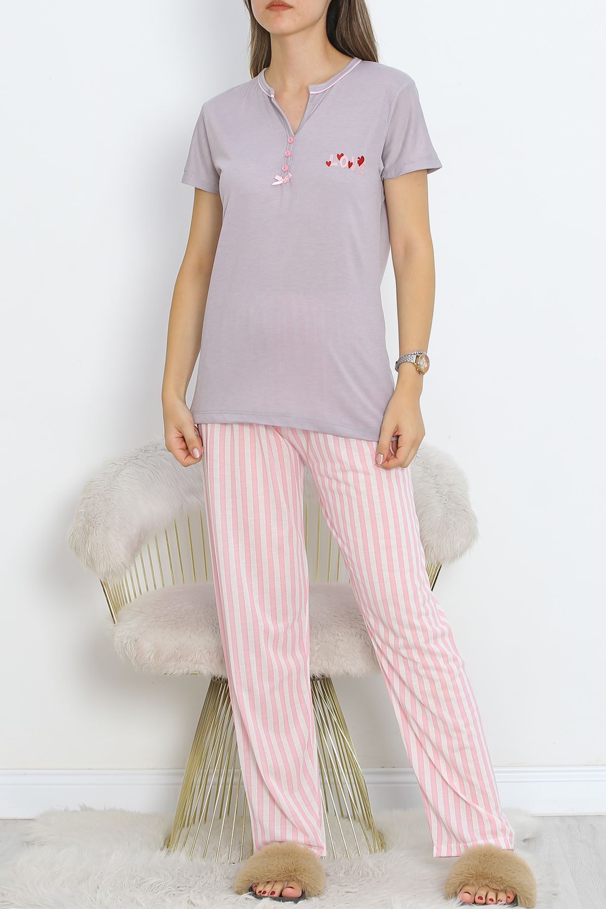 Pear Neck Short Sleeve Suit with Intermediate Piping Pink - 705.1287.