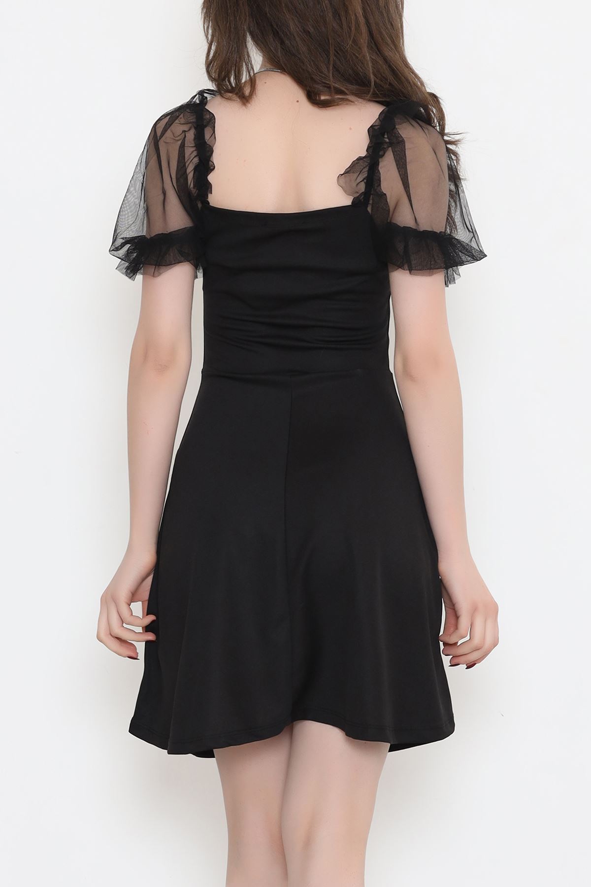 V-Neck Dress with Tulle Sleeves Black - 3869.1595.