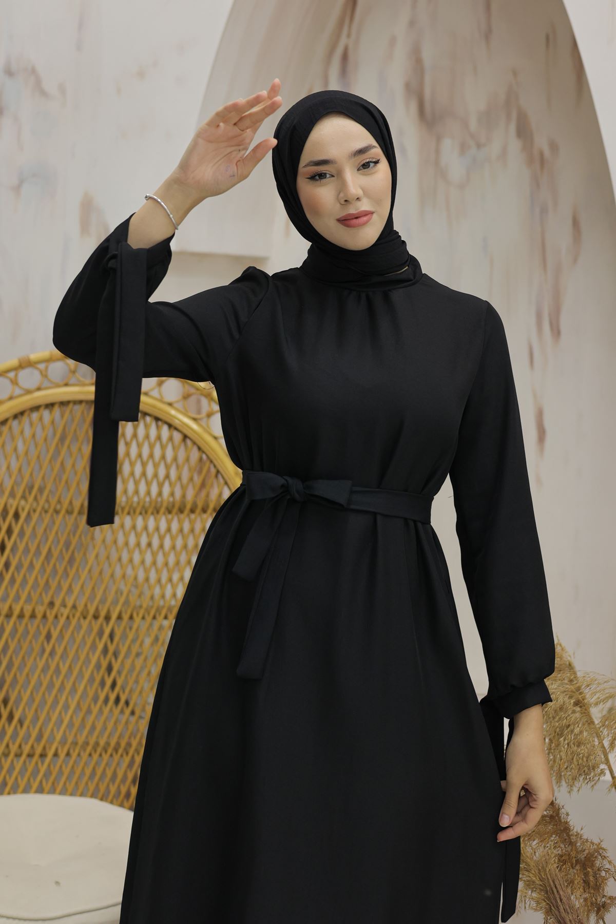 Linen Dress with Sleeve Ties Black - 20346.1778.