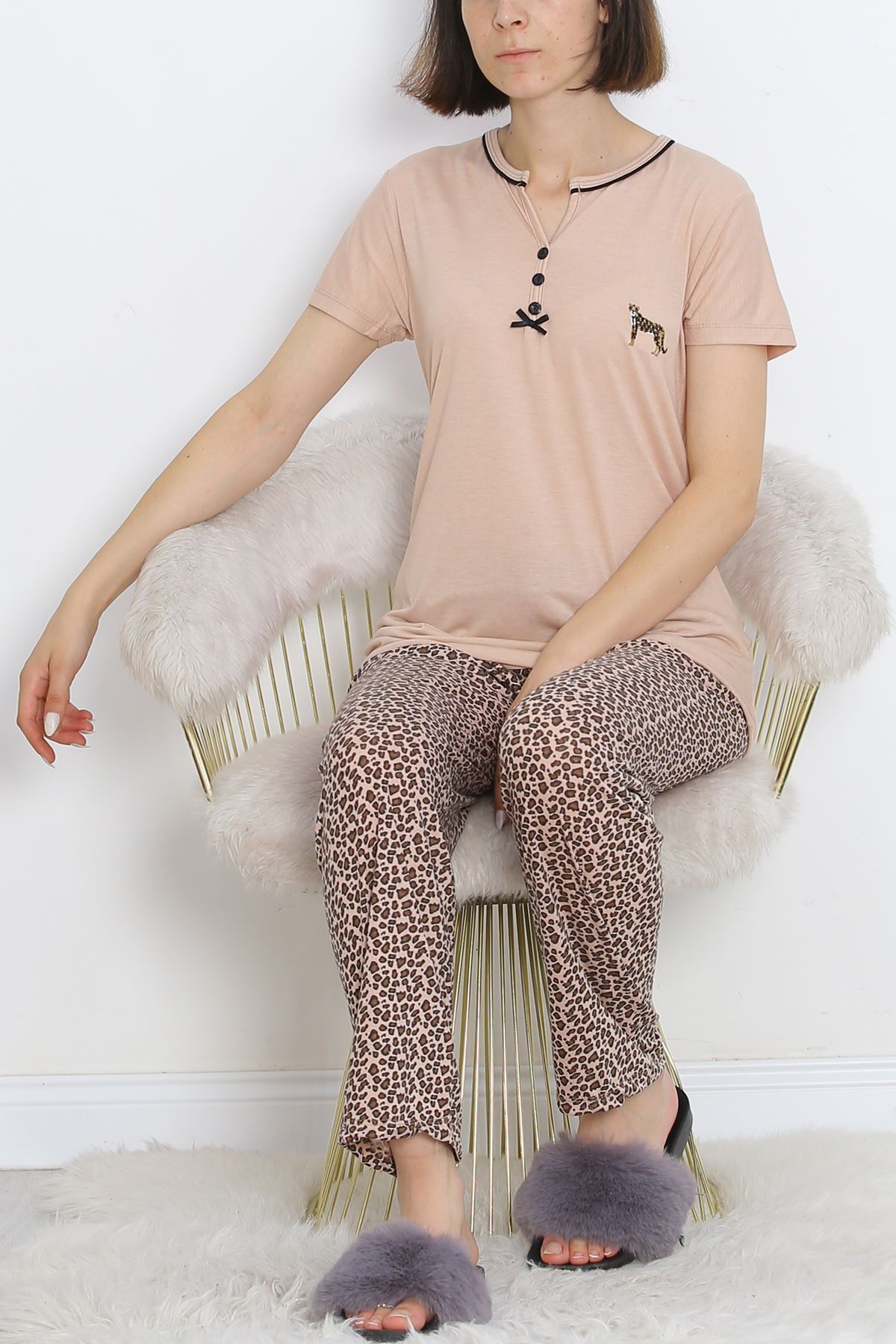 Pear Neck Short Sleeve Pajama Set Beige with Interlocking Piping - 705.1287.