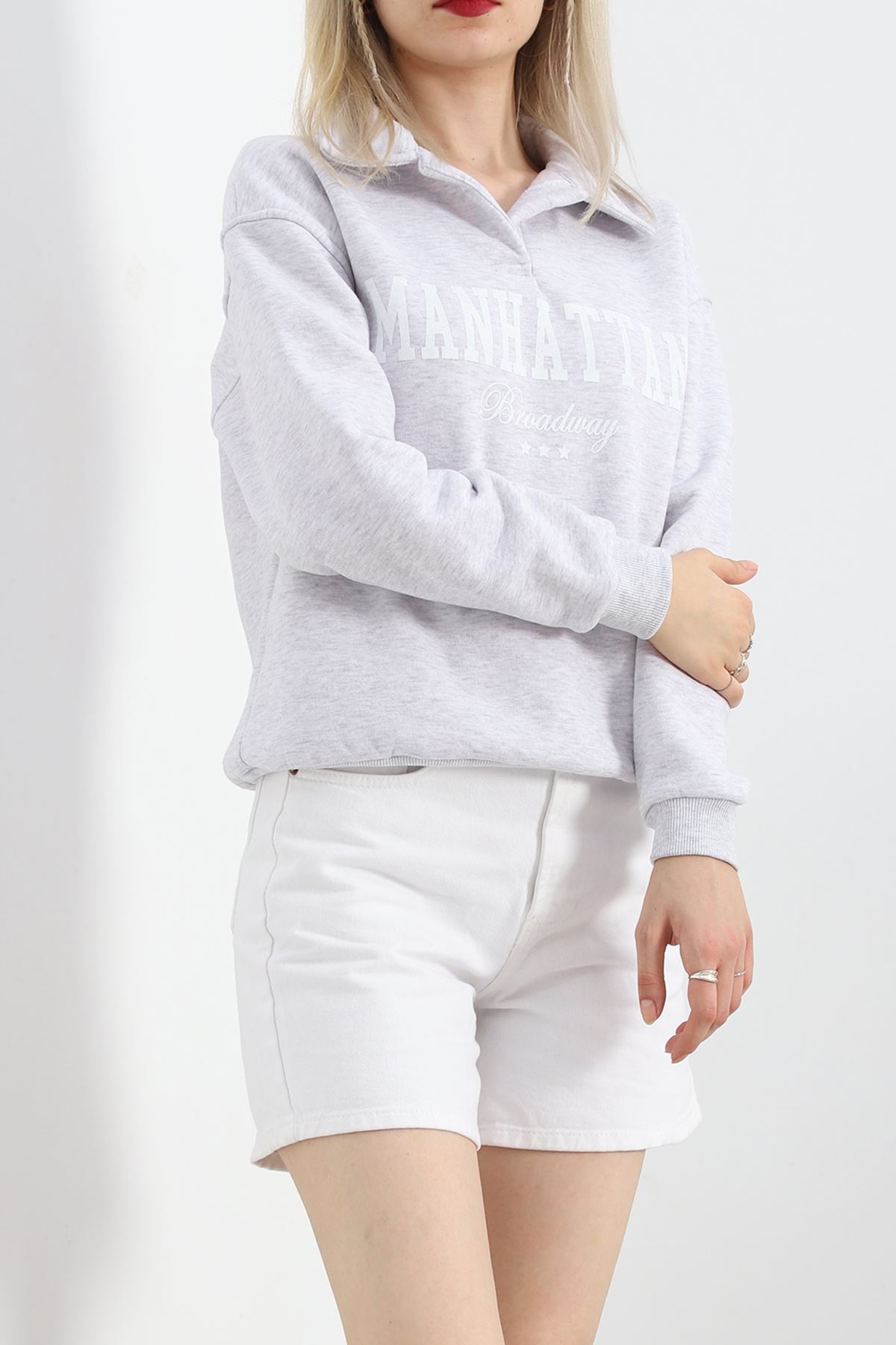 Üç İplik Gömlek Yaka Oversize Sweat Gri - 21624.200.