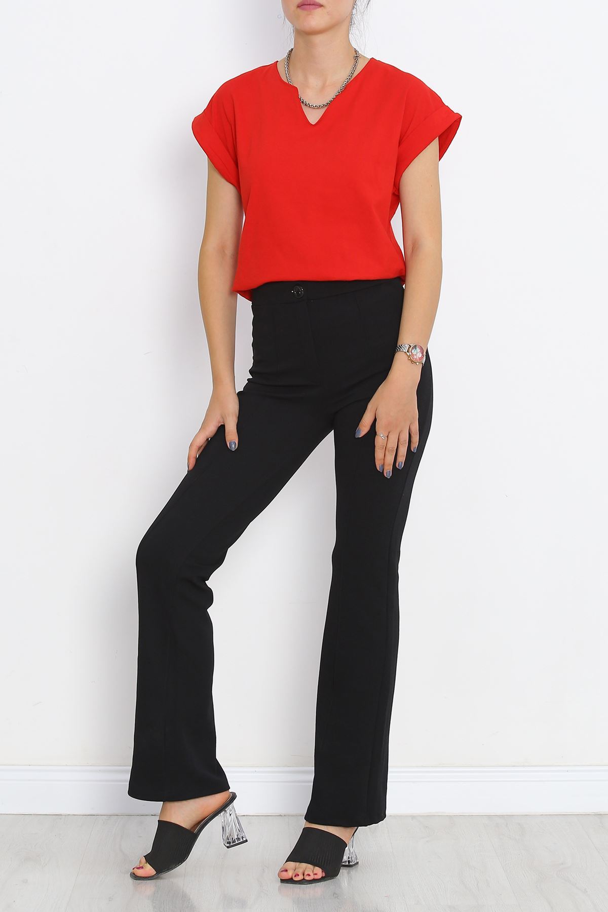 Pear Neck Double Sleeve T-Shirt Red - 15873.1567.