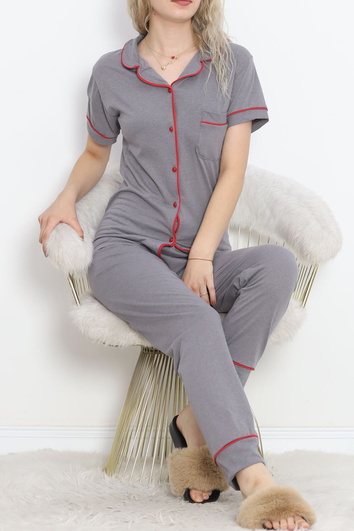 Pajama Set with Front Pockets Gray Red - 11404.1048.