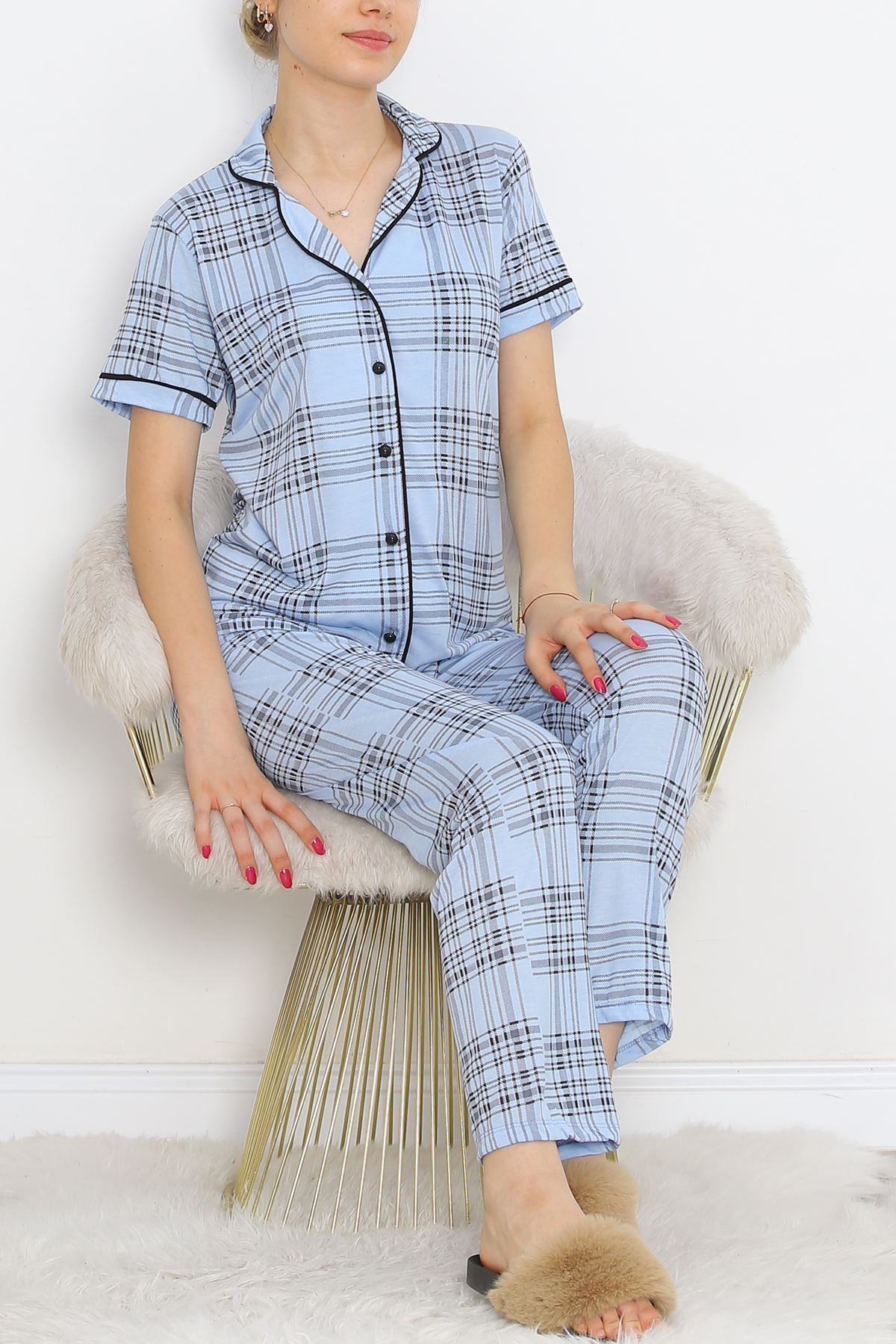 Polyviscose Interlock Short Sleeve Pajama Set Blue Black - 927.1287.