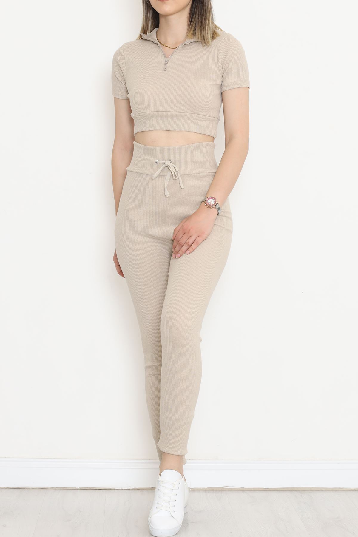 Camisole Zippered Short Sleeve Set Beige - 18517.1567.