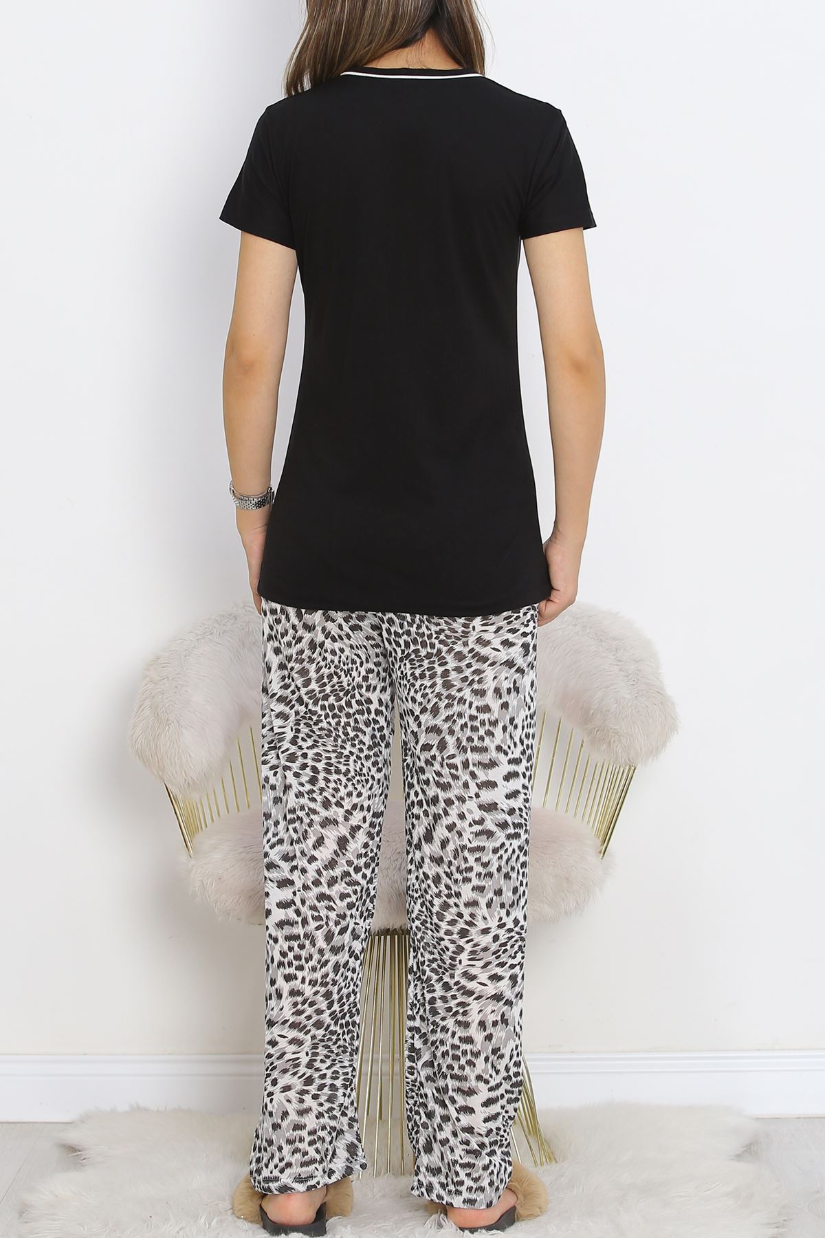 Pear Neck Short Sleeve Pajama Set Blackleopard - 705.1287.