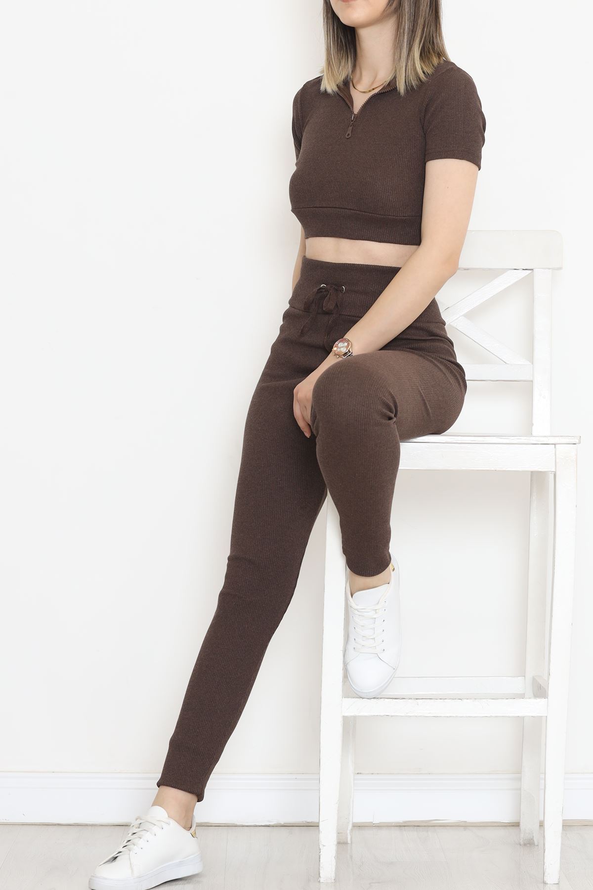 Camisole Zippered Short Sleeve Set Coffee - 18517.1567.