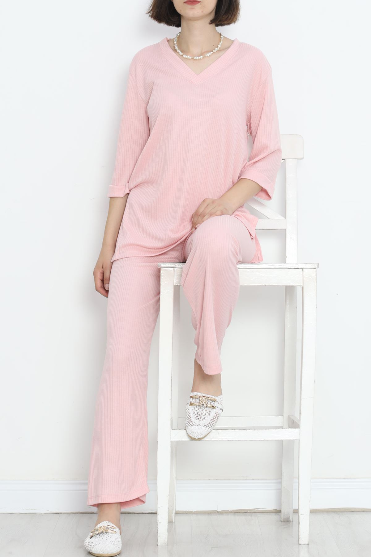 Fitted V-Neck Polyviscose Suit Pink - 903.1287.