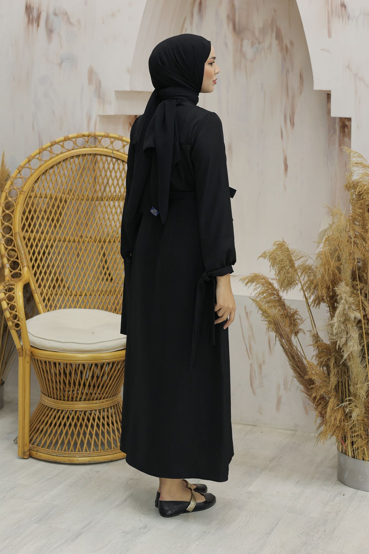 Linen Dress with Sleeve Ties Black - 20346.1778.