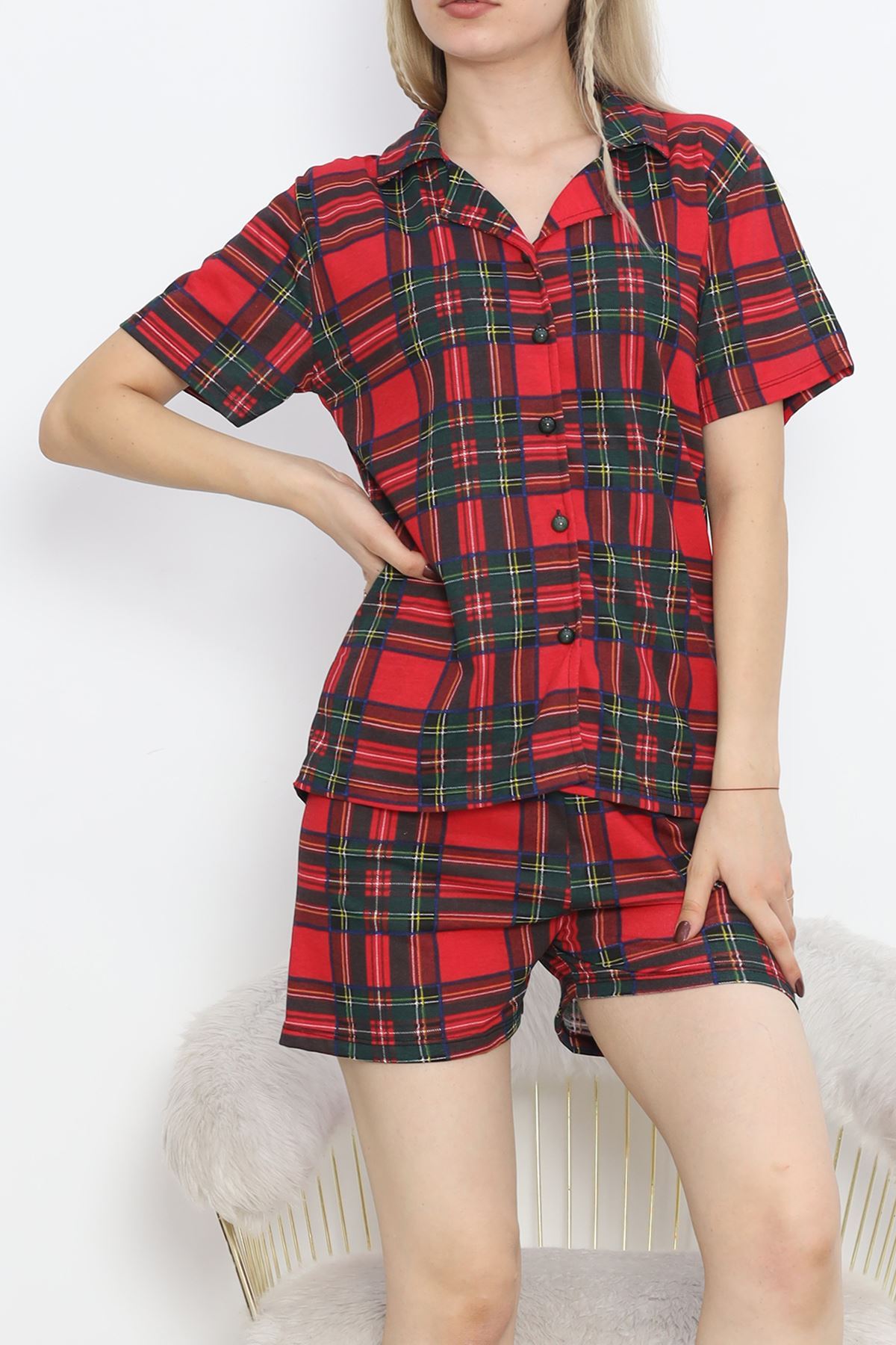 Front Button Shorts Suit Plaid Burgundy - 275.1287.