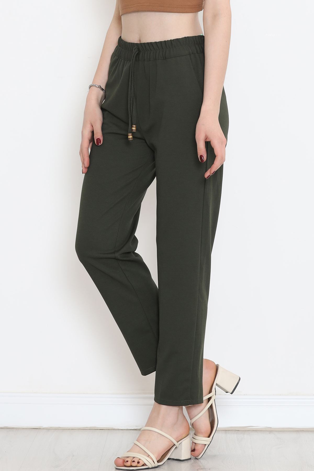 Crepe Lace-up Detailed Pants Khaki - 152429.1778.