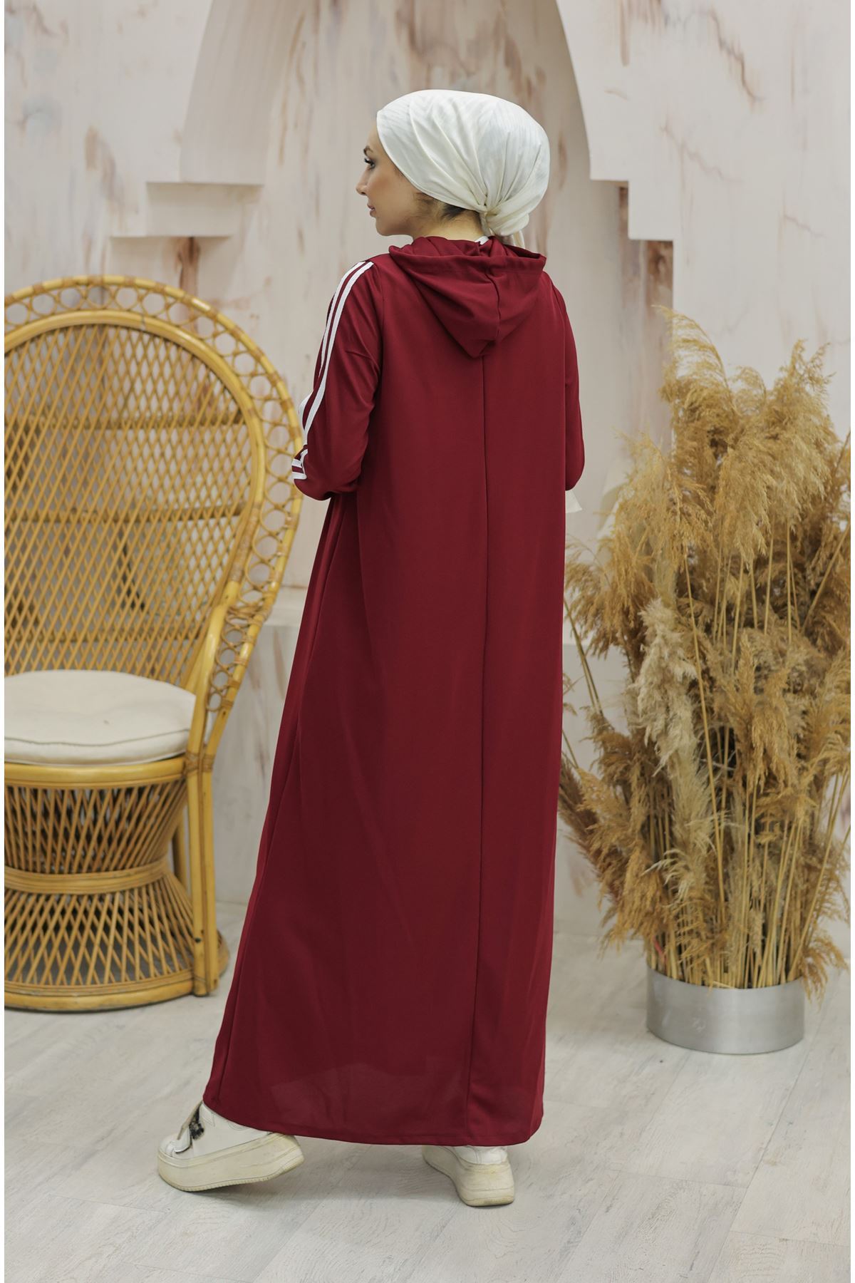 Hooded Stripe Detailed Dress Burgundy - 10005.1778.