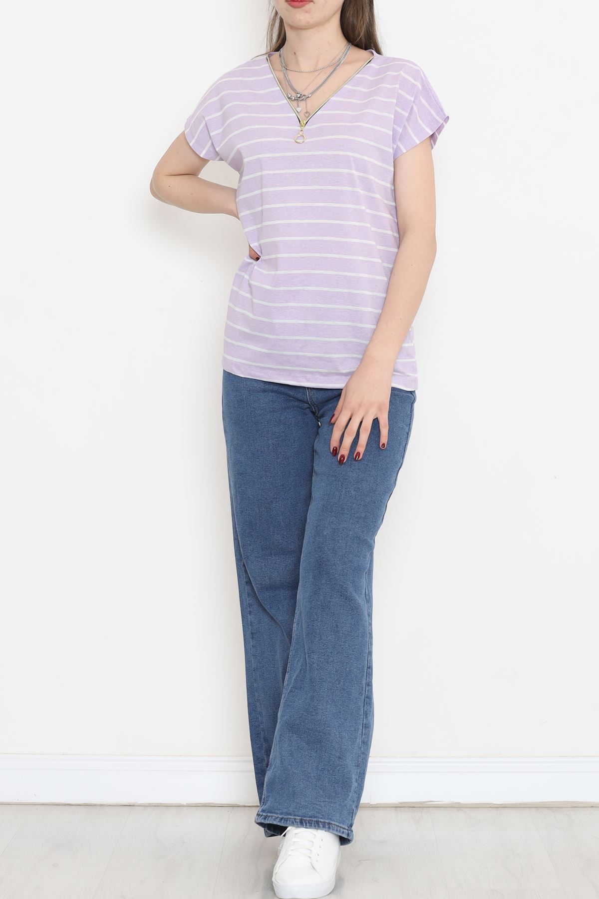 Zippered Striped T-shirt Lilac - 9657.1567.