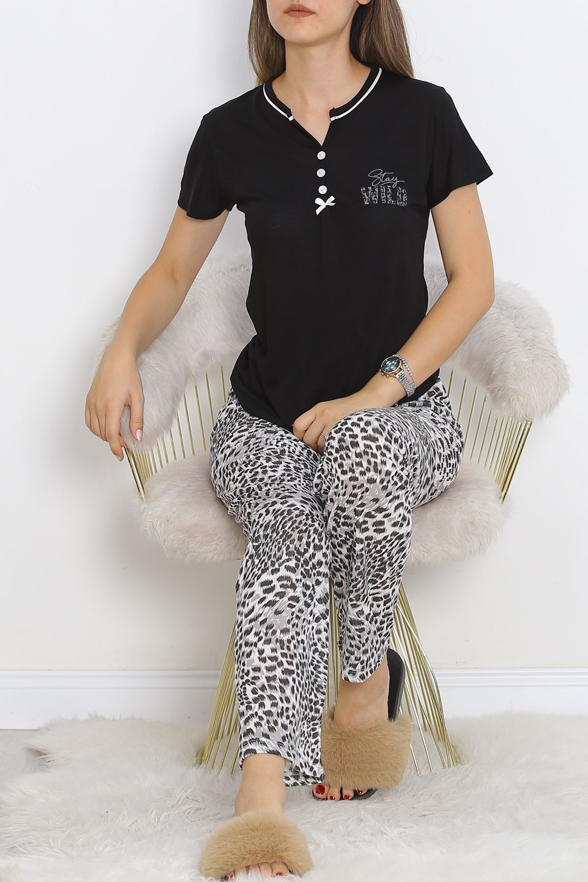 Pear Neck Short Sleeve Pajama Set Blackleopard - 705.1287.