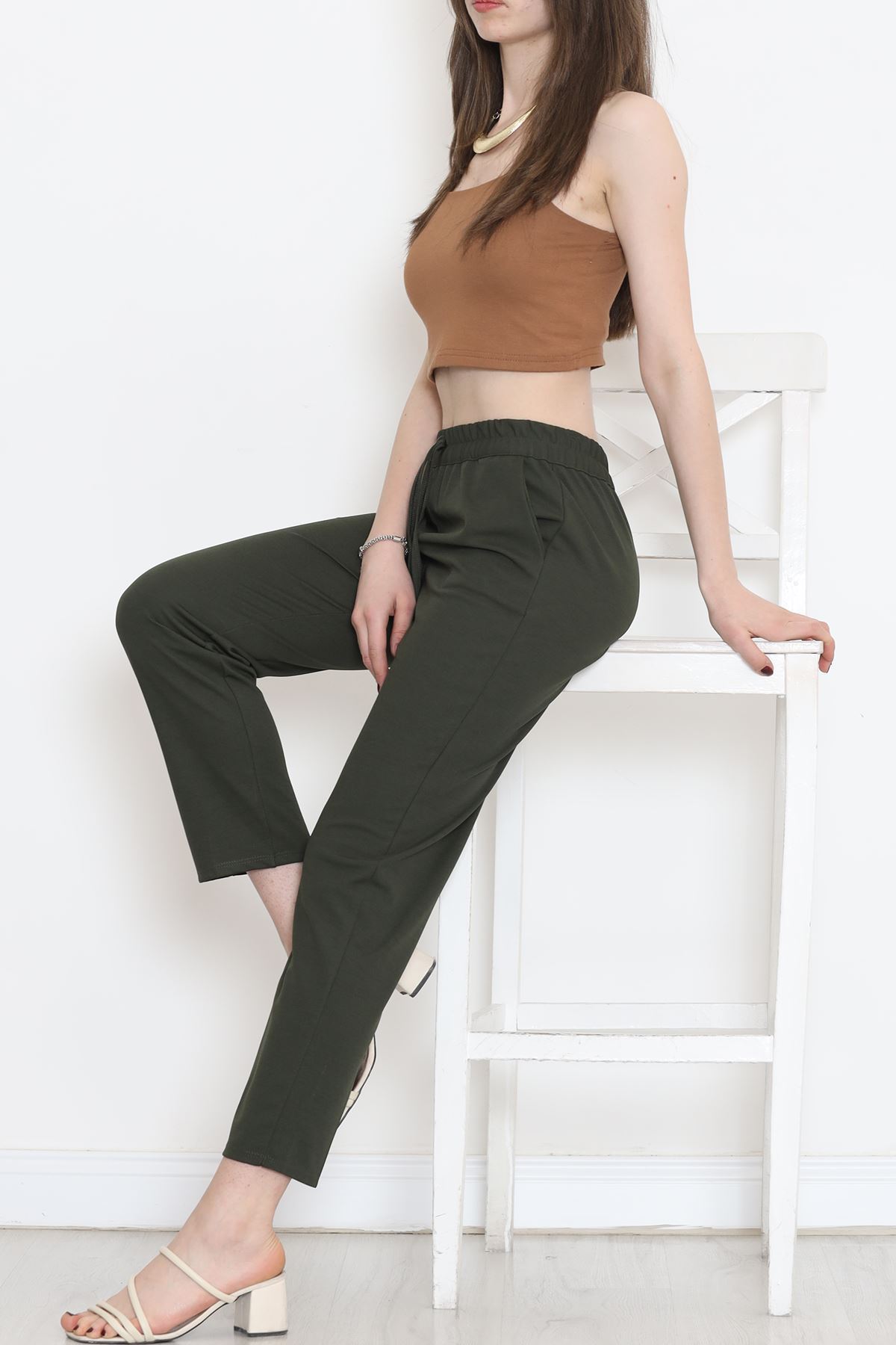 Crepe Lace-up Detailed Pants Khaki - 152429.1778.