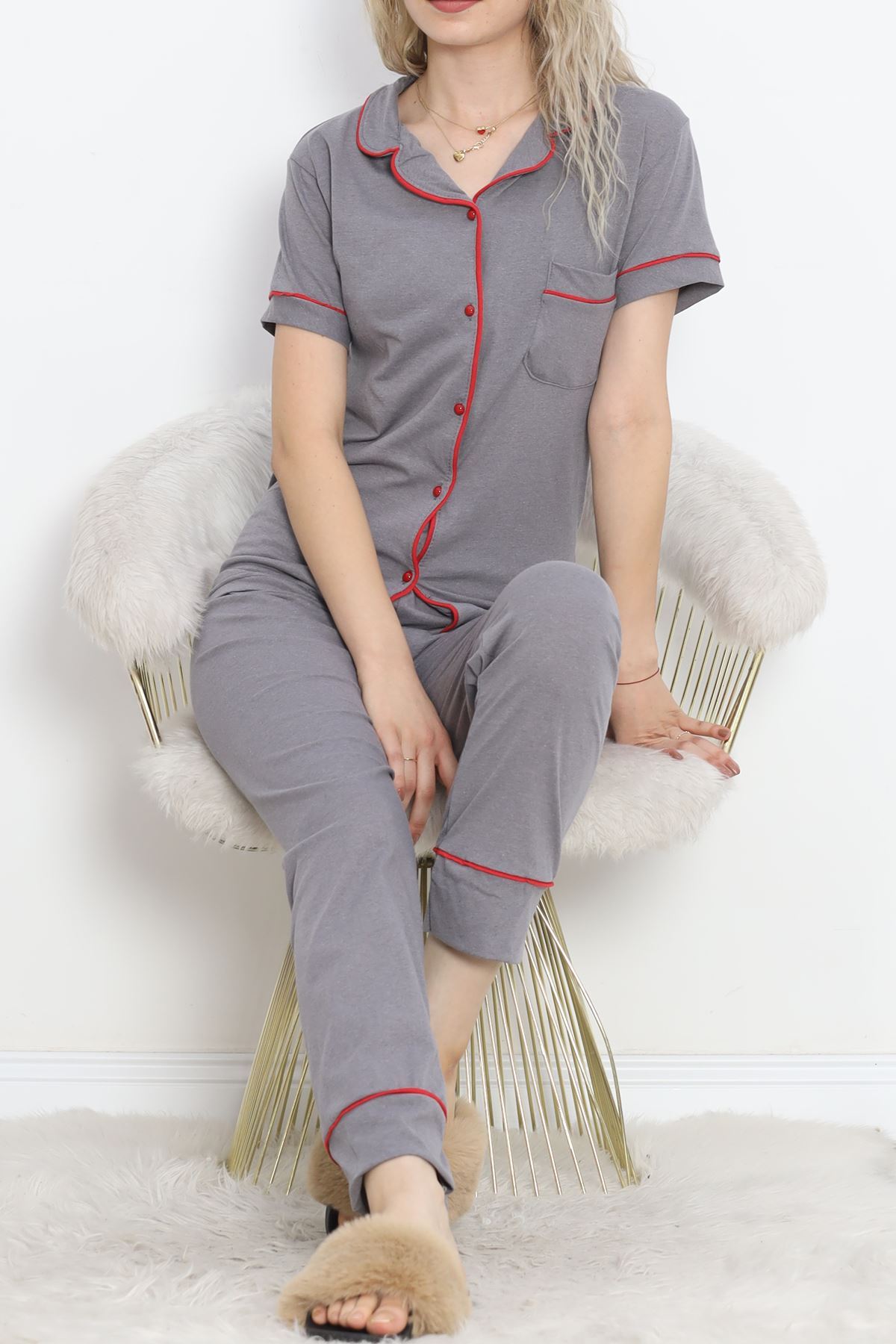 Pajama Set with Front Pockets Gray Red - 11404.1048.