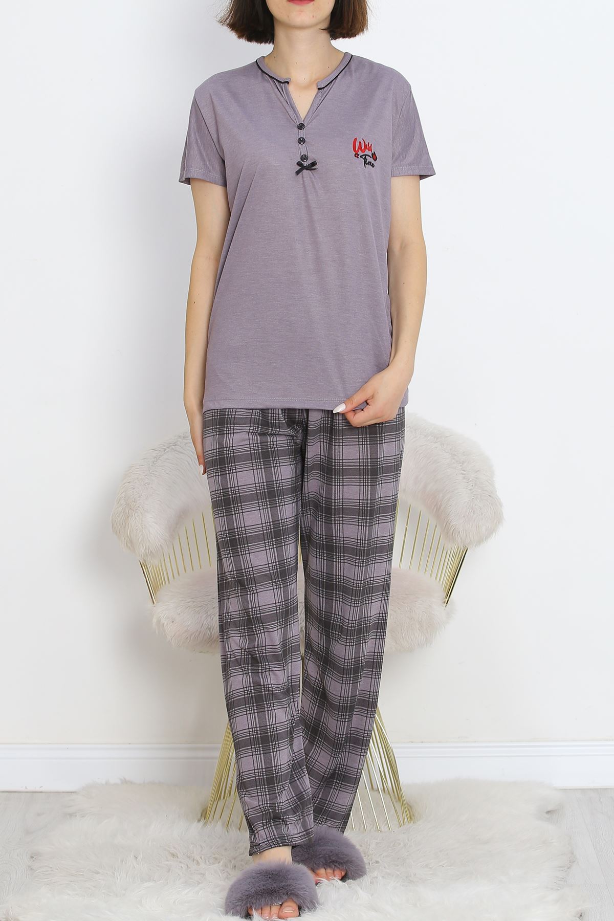 Short Sleeve Pajama Set Mink with Pear Collar and Intermediate Piping - 705.1287.