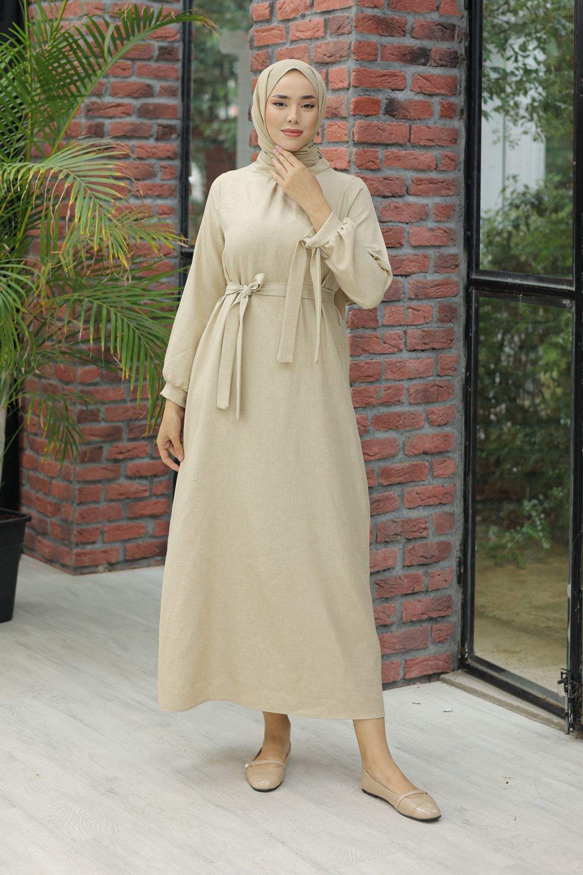 Linen Dress with Sleeve Ties Cream - 20346.1778.