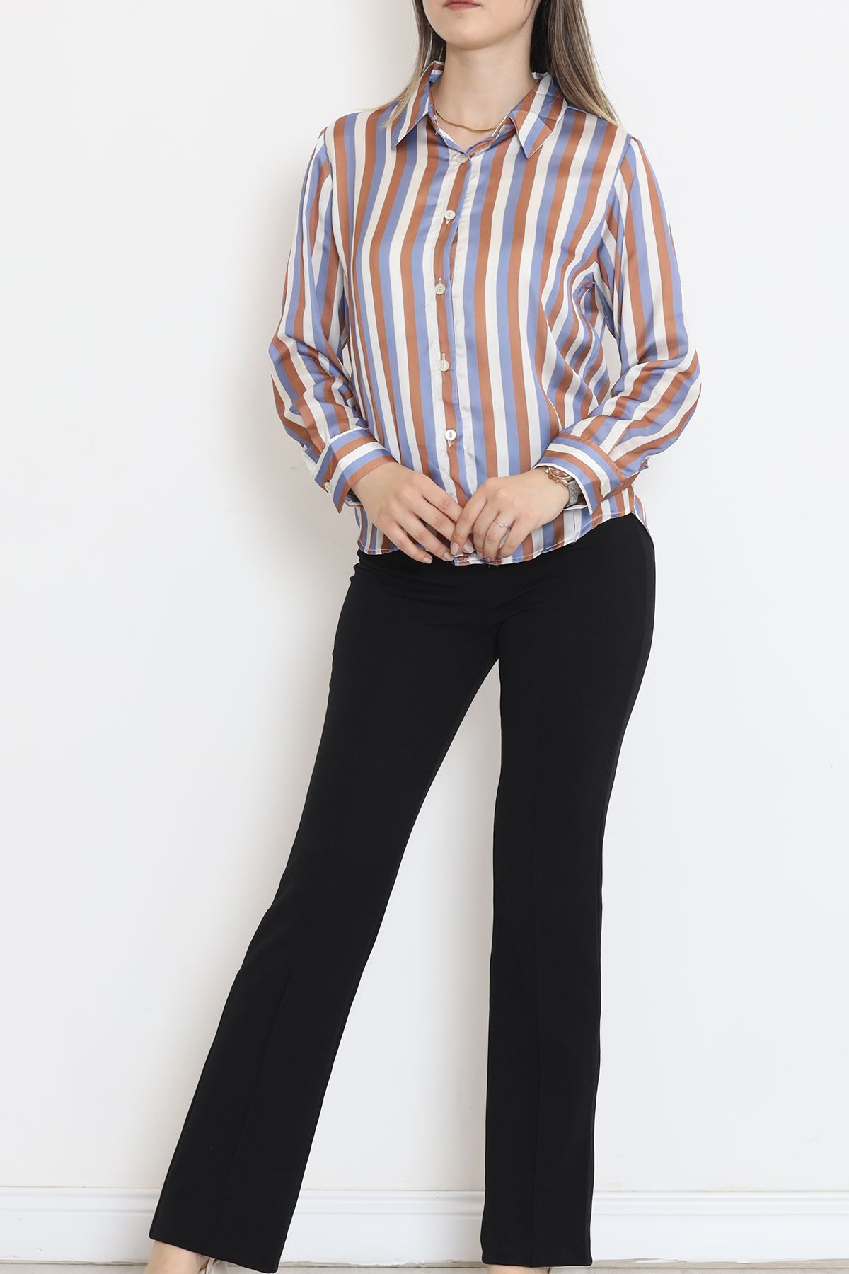 Striped Satin Shirt Blue-Brown - 909.1247.