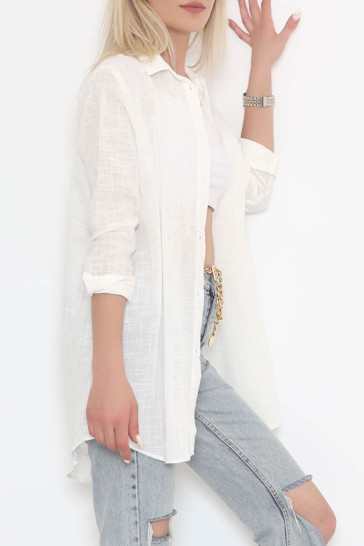 Sequin Detailed Long Shirt Ecru - 1359.1367.