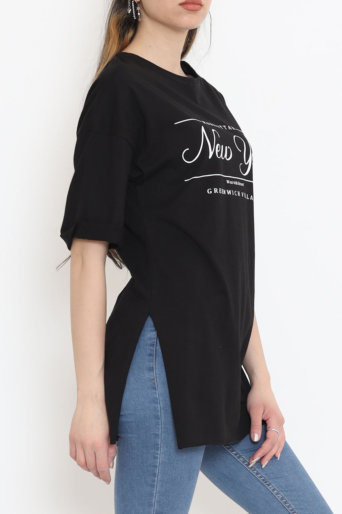 Printed Side Slit T-shirt Black - 16557.1567.