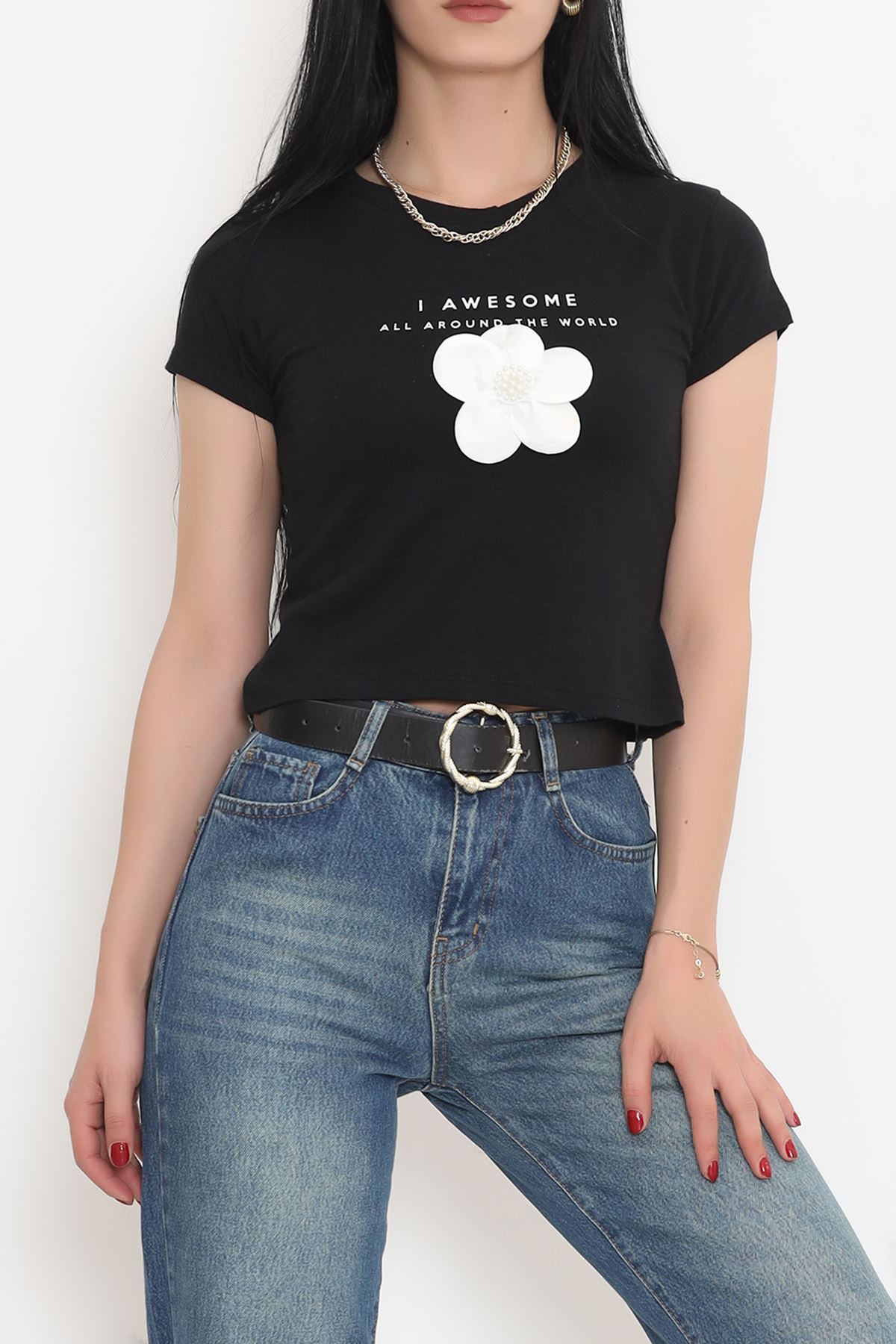 Printed Flower Detailed T-shirt Black - 16605.514.