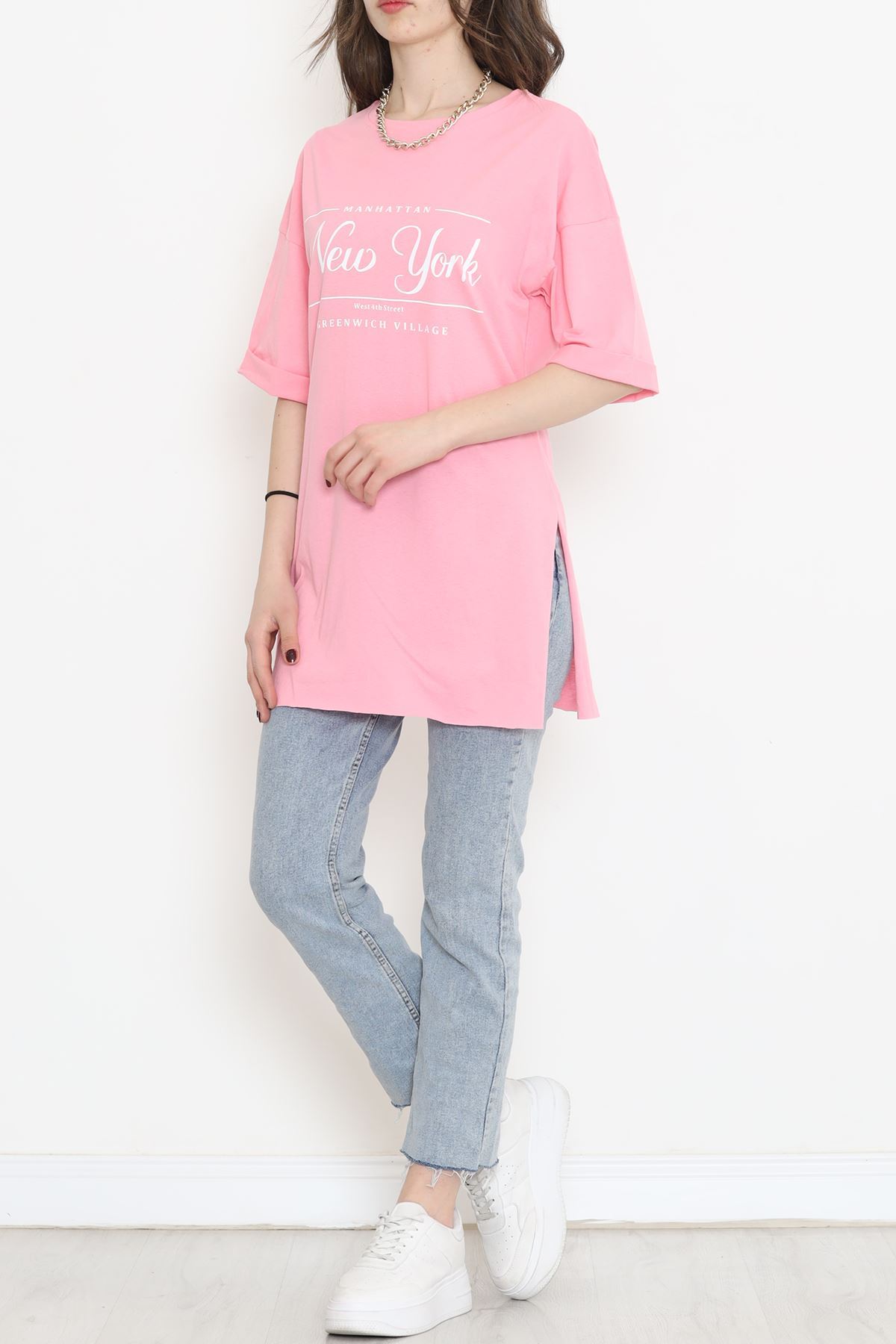 Printed Side Slit T-shirt Pink - 16557.1567.