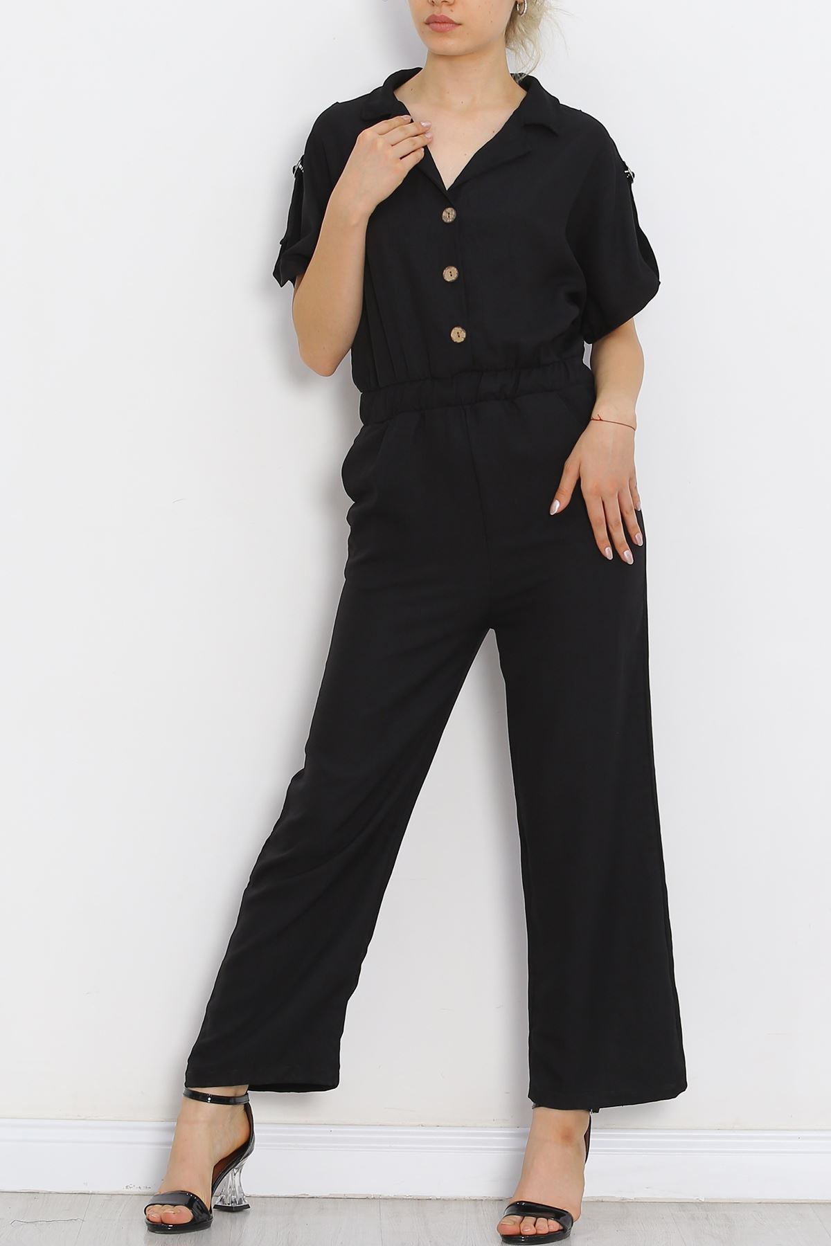 Double-breasted Collar Linen Jumpsuit Black - 16825.1778.