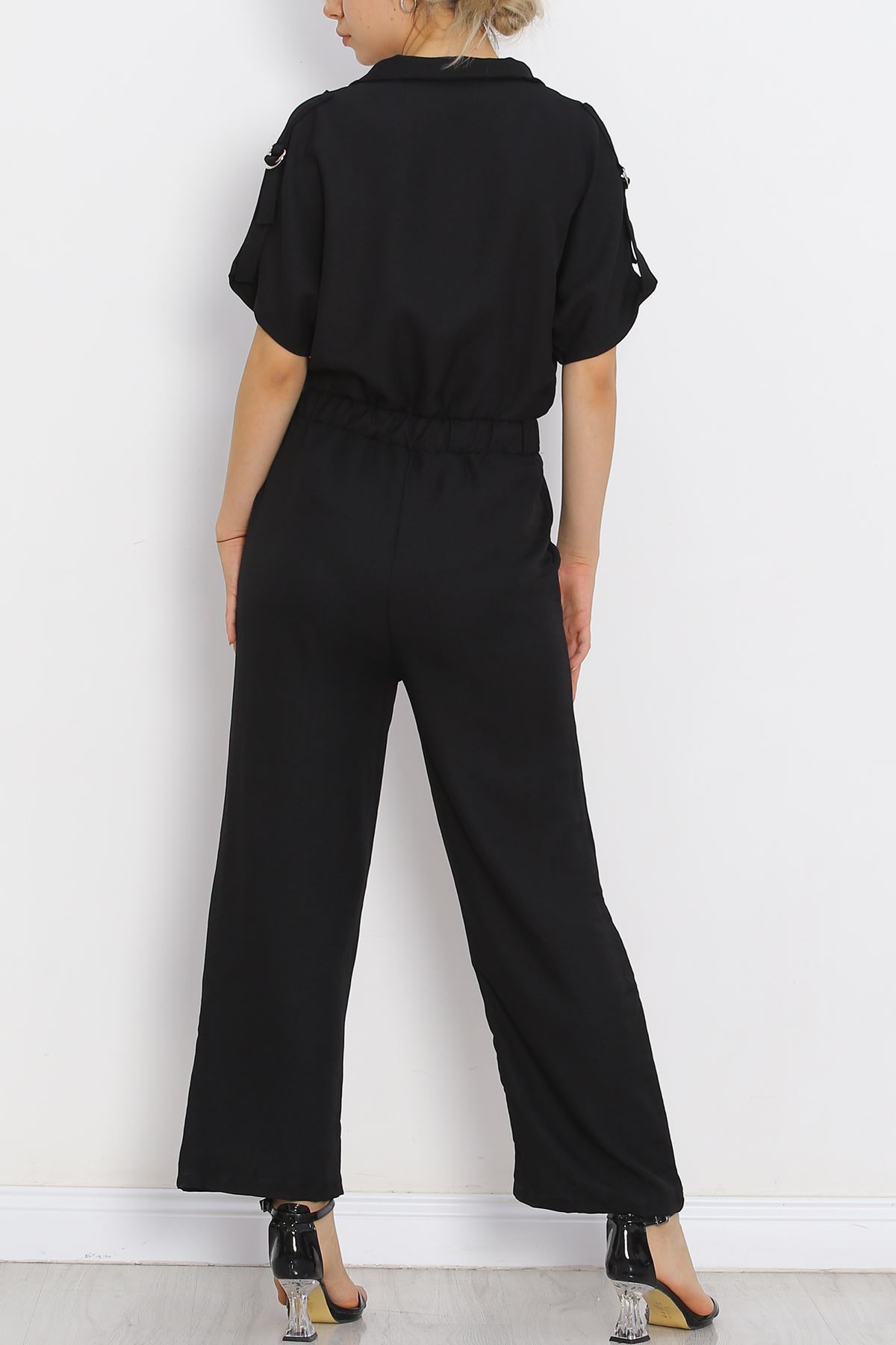 Double-breasted Collar Linen Jumpsuit Black - 16825.1778.