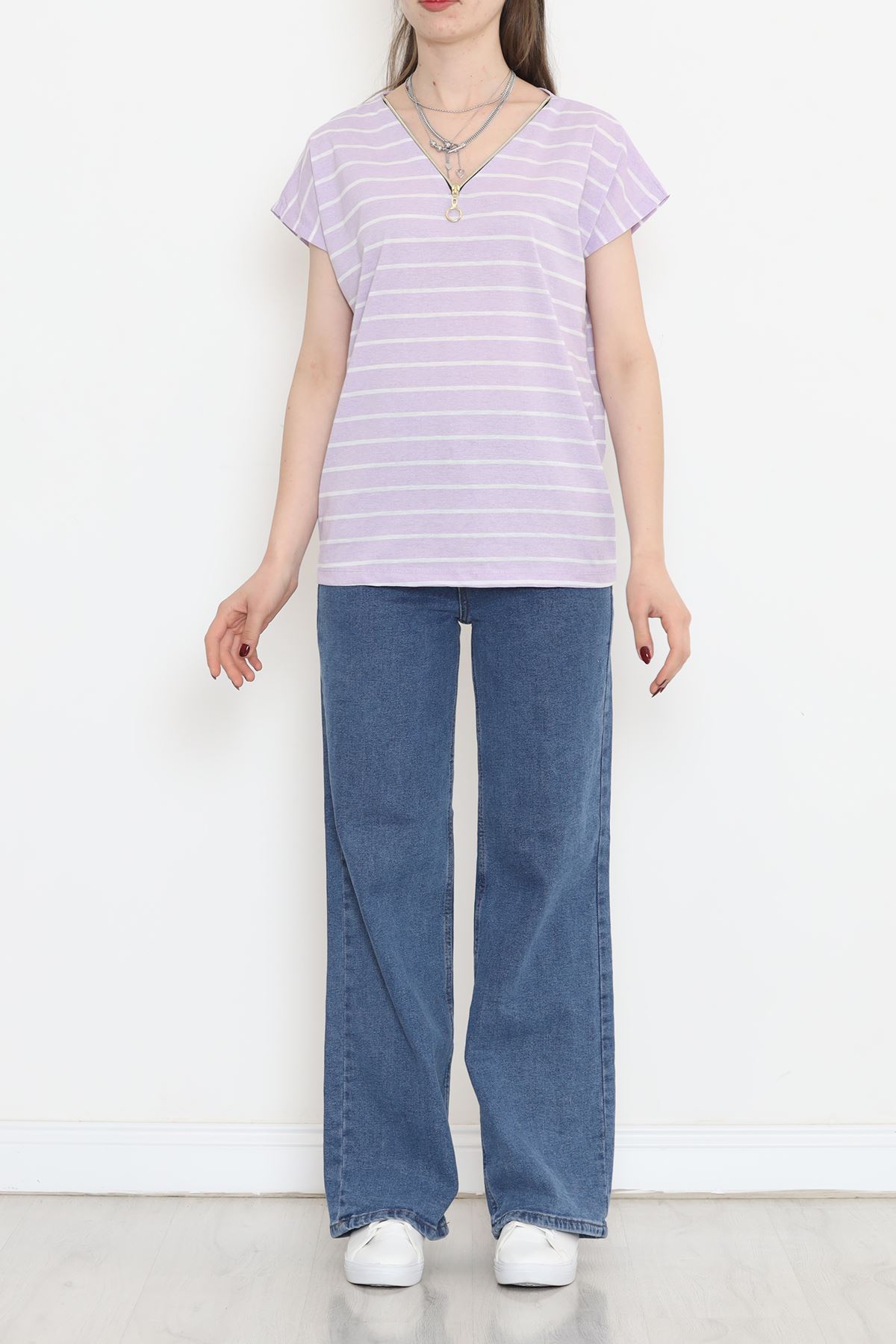 Zippered Striped T-shirt Lilac - 9657.1567.