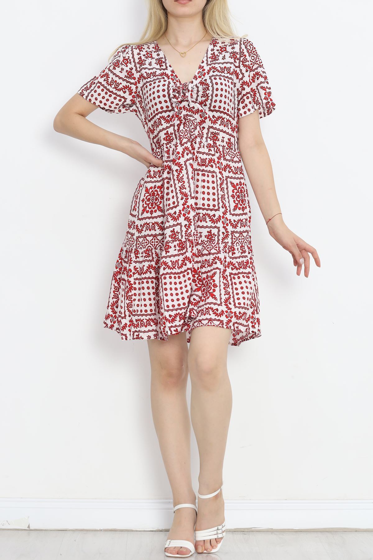 Shirred Front Dress White-Red - 152478.701.