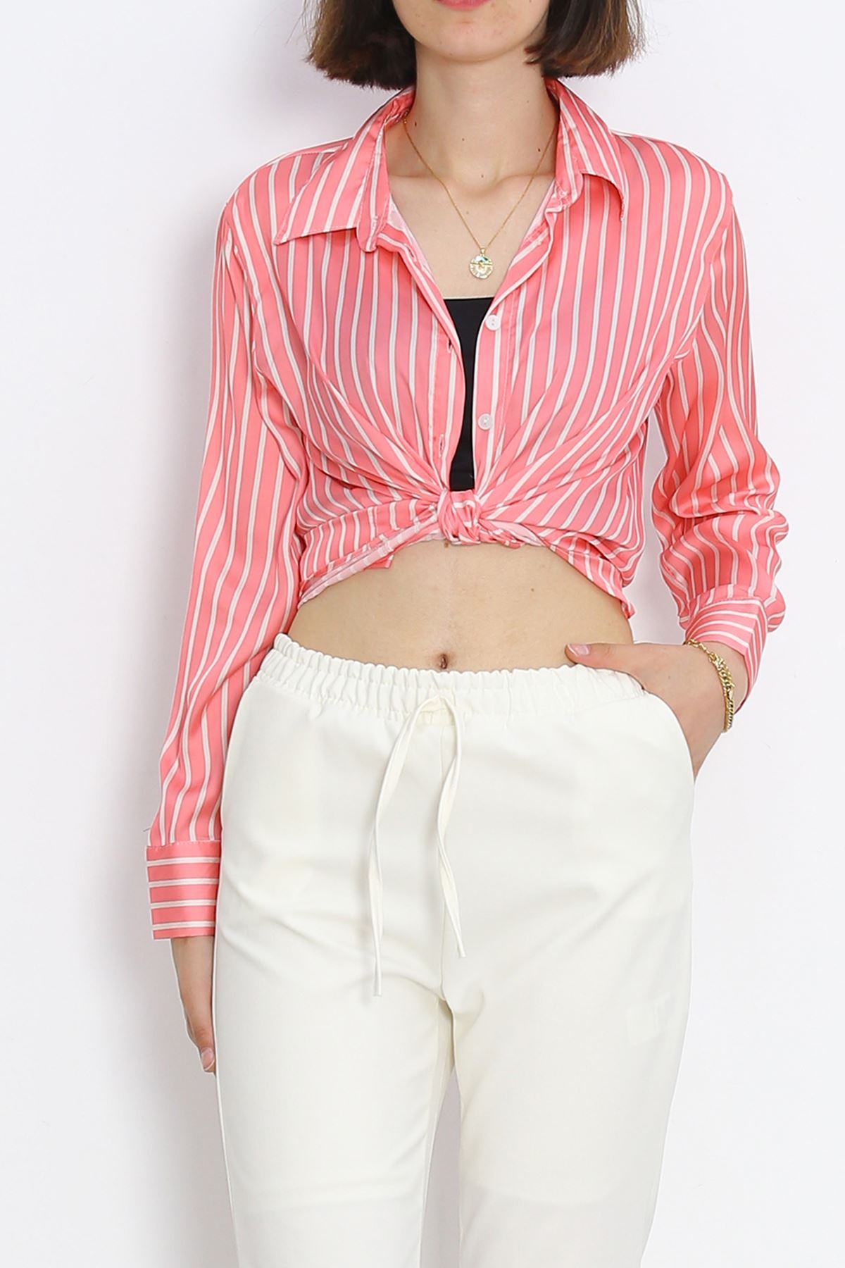 Striped Satin Shirt Pink-White - 18889.1247.