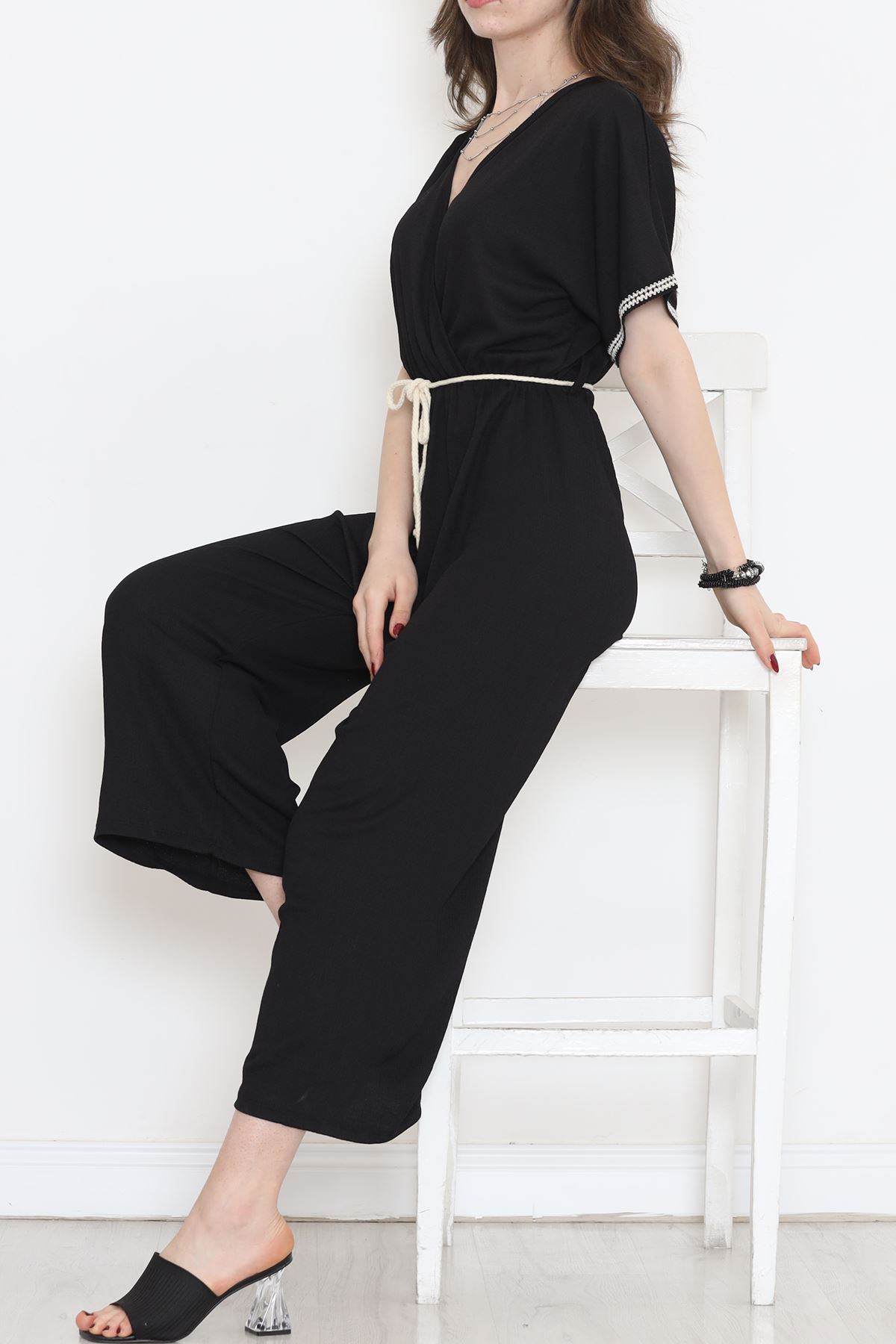 Knit Belt Burlap Jumpsuit Black - 10007.1567.