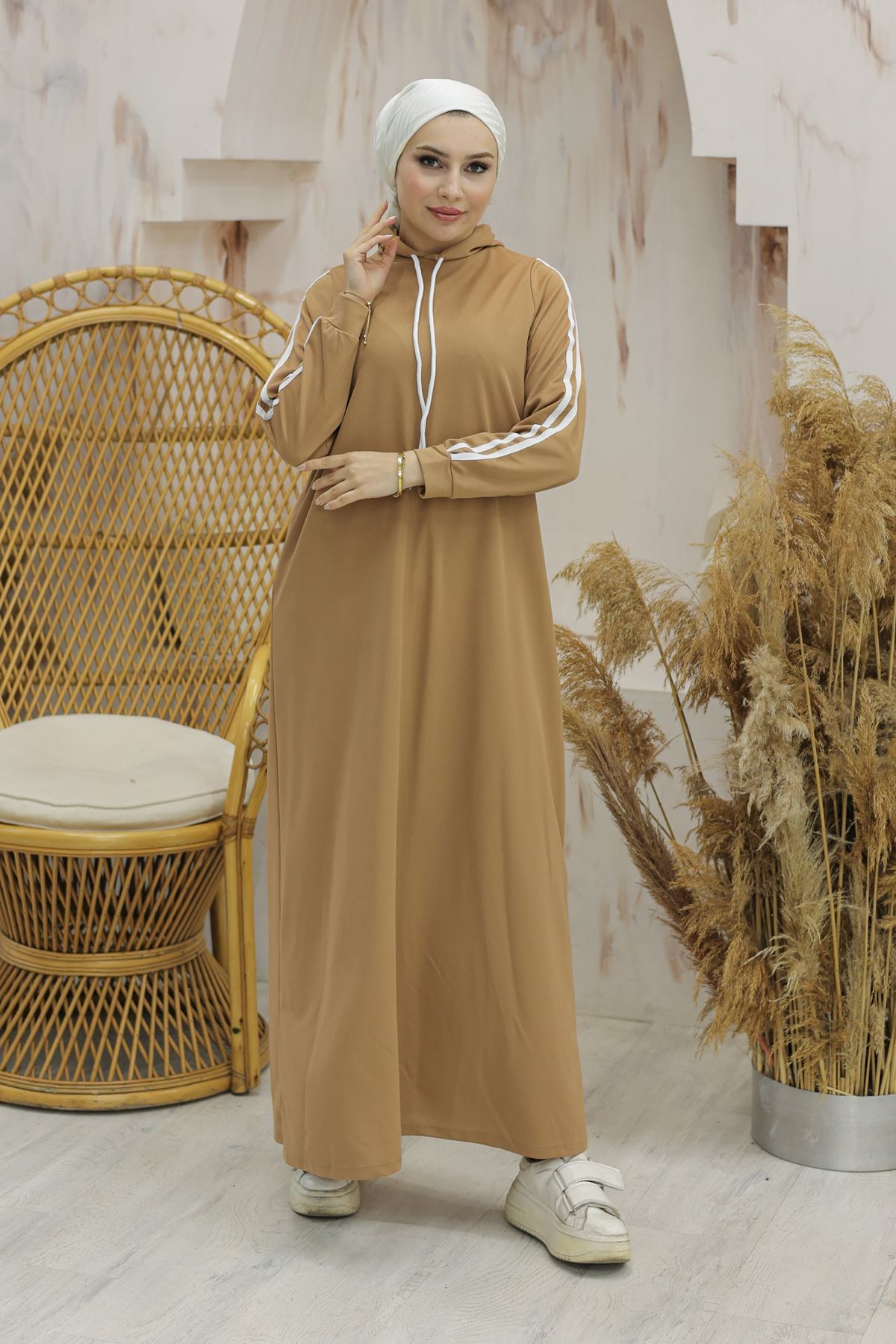 Hooded Stripe Detailed Dress Beige - 10005.1778.