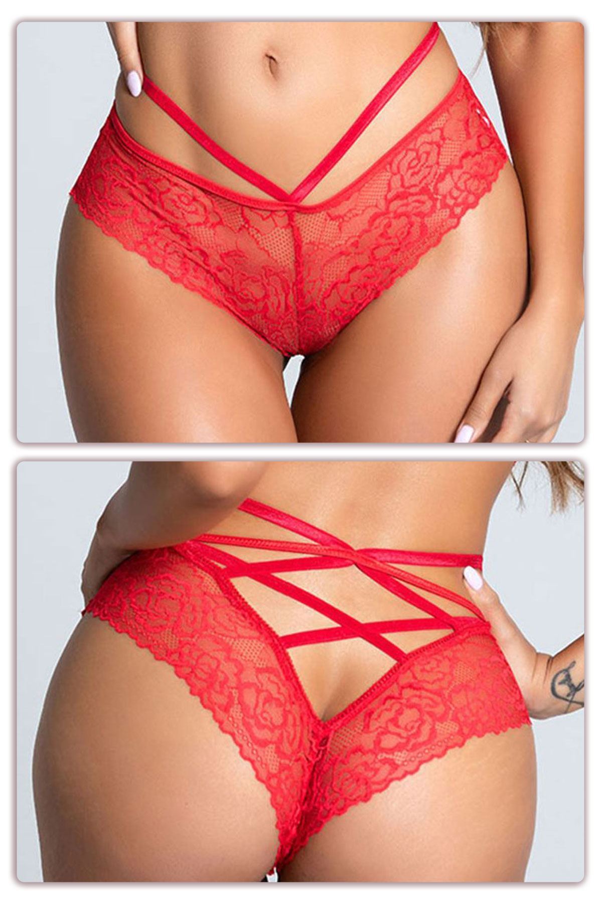 Lace Panties with Rope Detail at Back Red - 30501.1364.