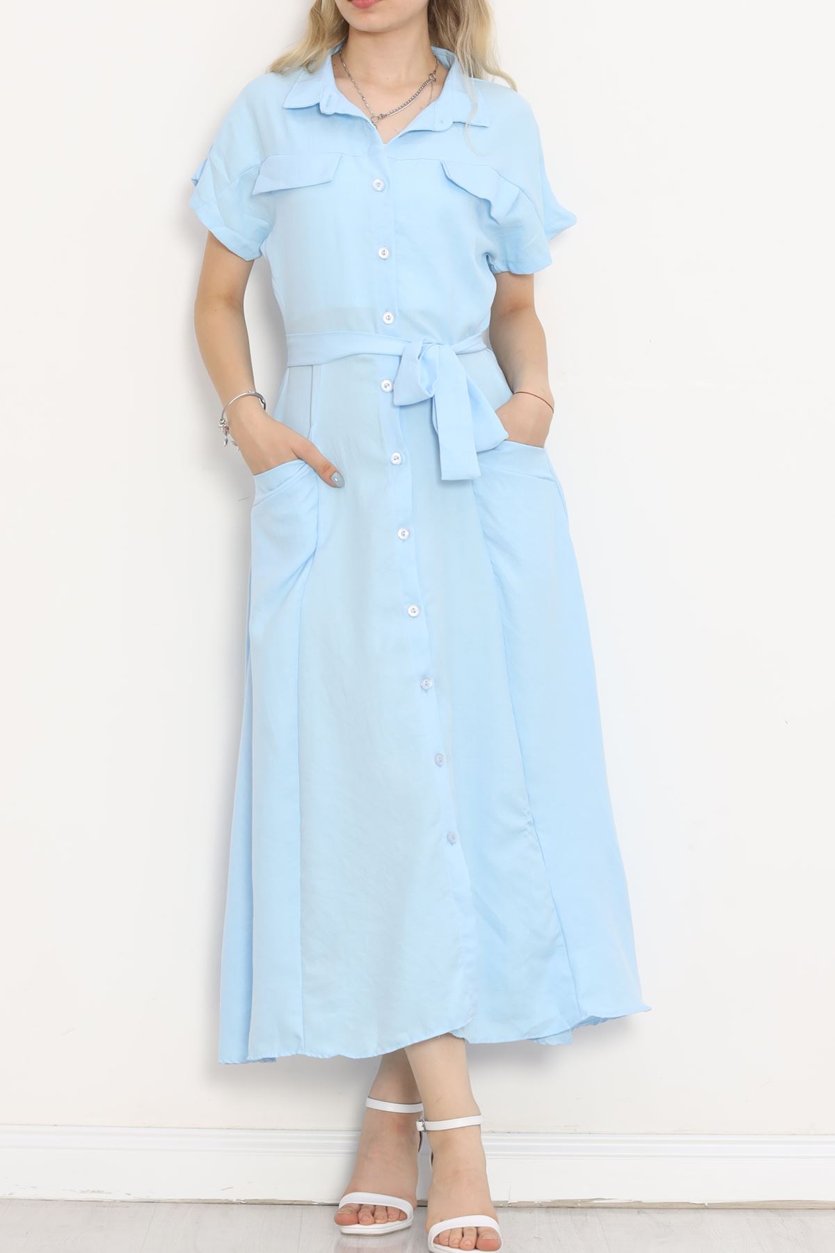 Pocket Detail Belted Dress Light Blue - 18674.1778.