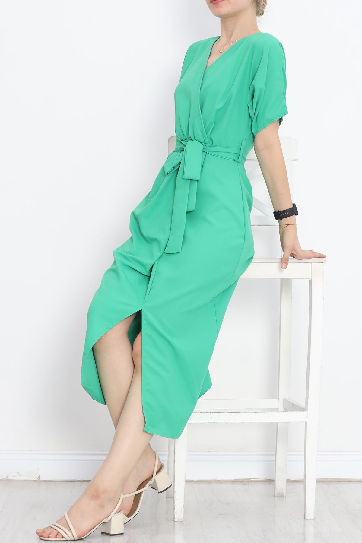 Double-breasted Collar Belted Dress Green1 - 152445.701.