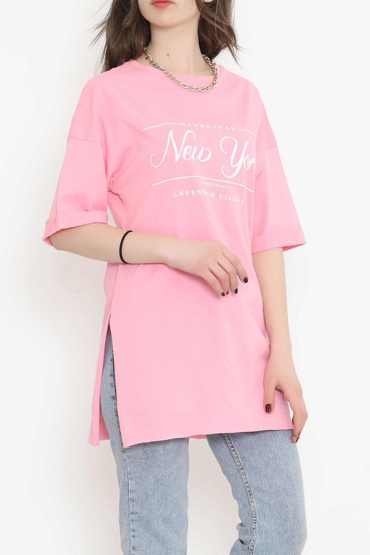 Printed Side Slit T-shirt Pink - 16557.1567.