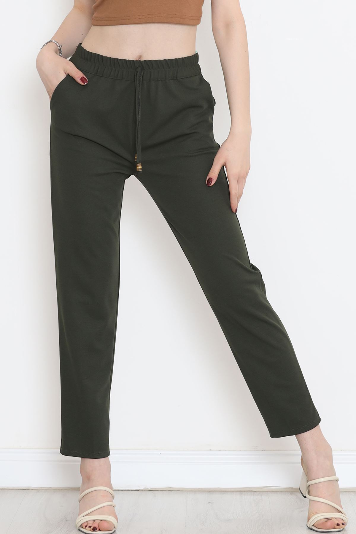 Crepe Lace-up Detailed Pants Khaki - 152429.1778.