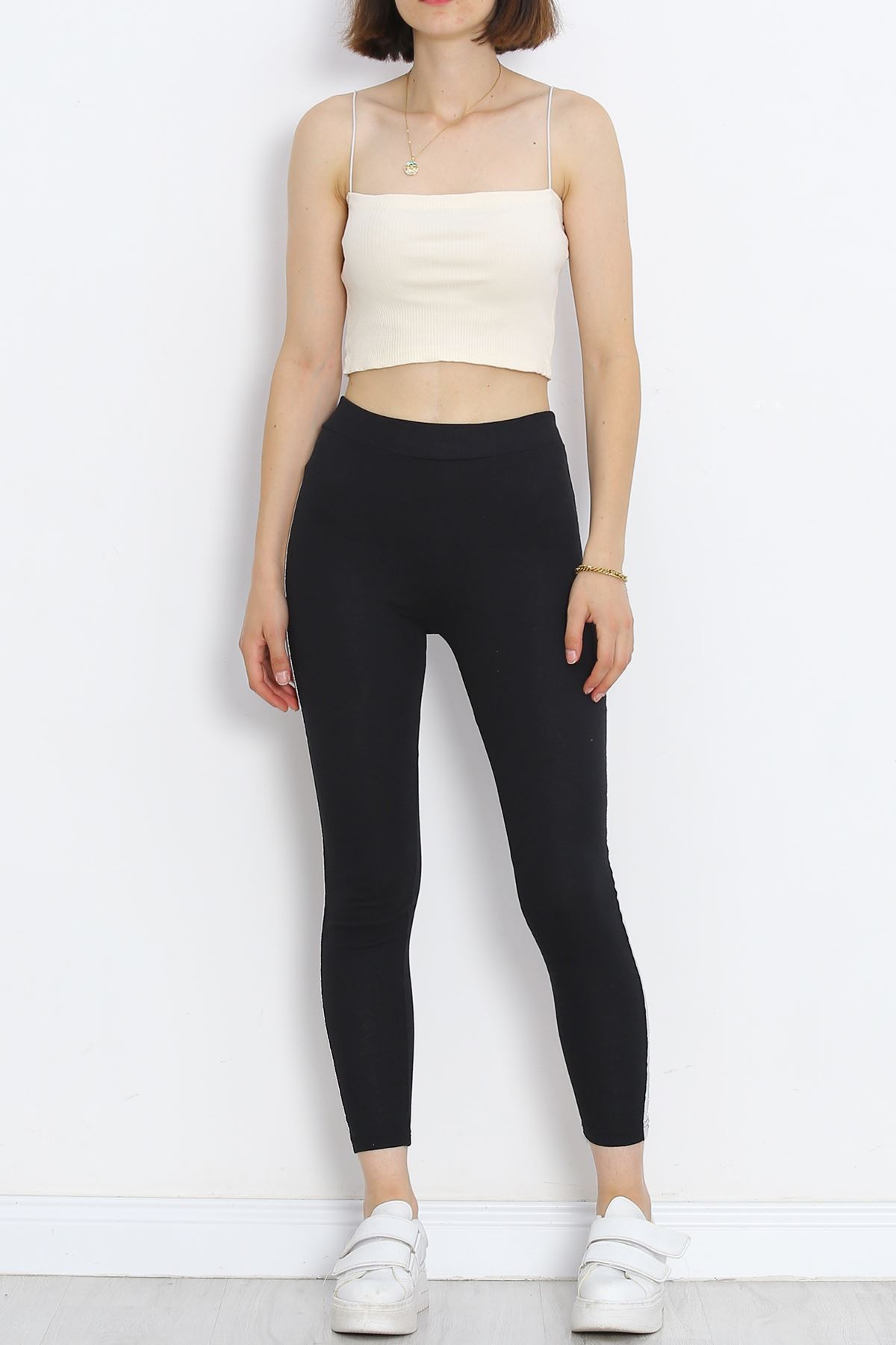 Single Stripe Ribbed Leggings Black-Silver - 10293.1567.