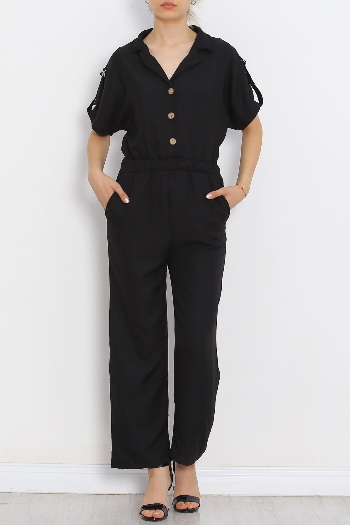 Double-breasted Collar Linen Jumpsuit Black - 16825.1778.