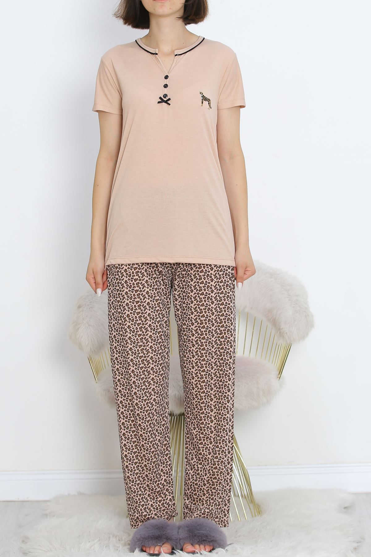 Pear Neck Short Sleeve Pajama Set Beige with Interlocking Piping - 705.1287.