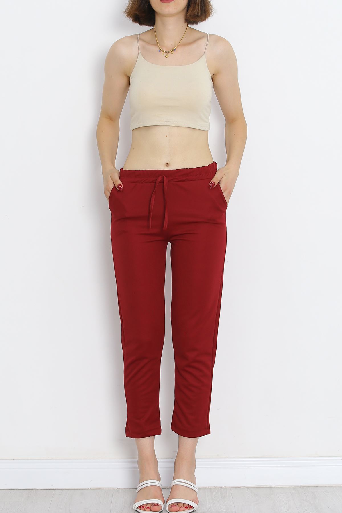 Crepe Lace-up Detailed Pants Burgundy - 152429.1778.