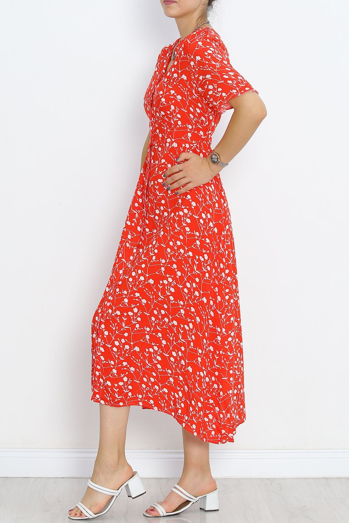 Buttoned Belted Dress Red and White - 716.1247.