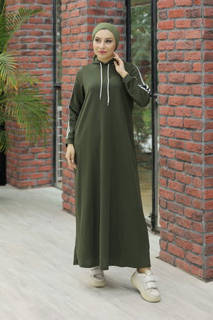 Hooded Stripe Detailed Dress Khaki - 10005.1778.