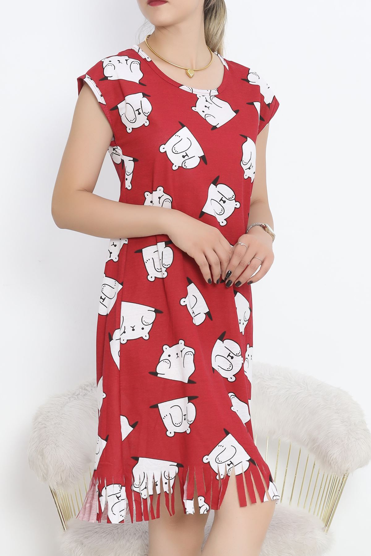 Printed Rotation Tasseled Dress Red and White - 263.1287.