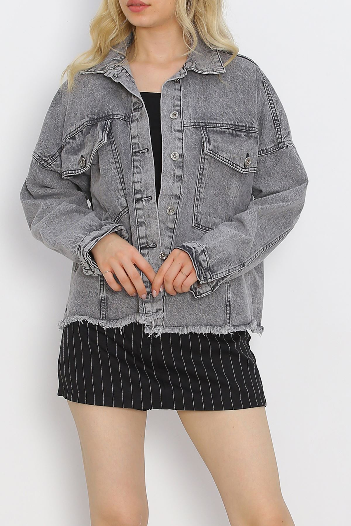 Fringed Crop Jeans Jacket Anthracite - 20388.1778.