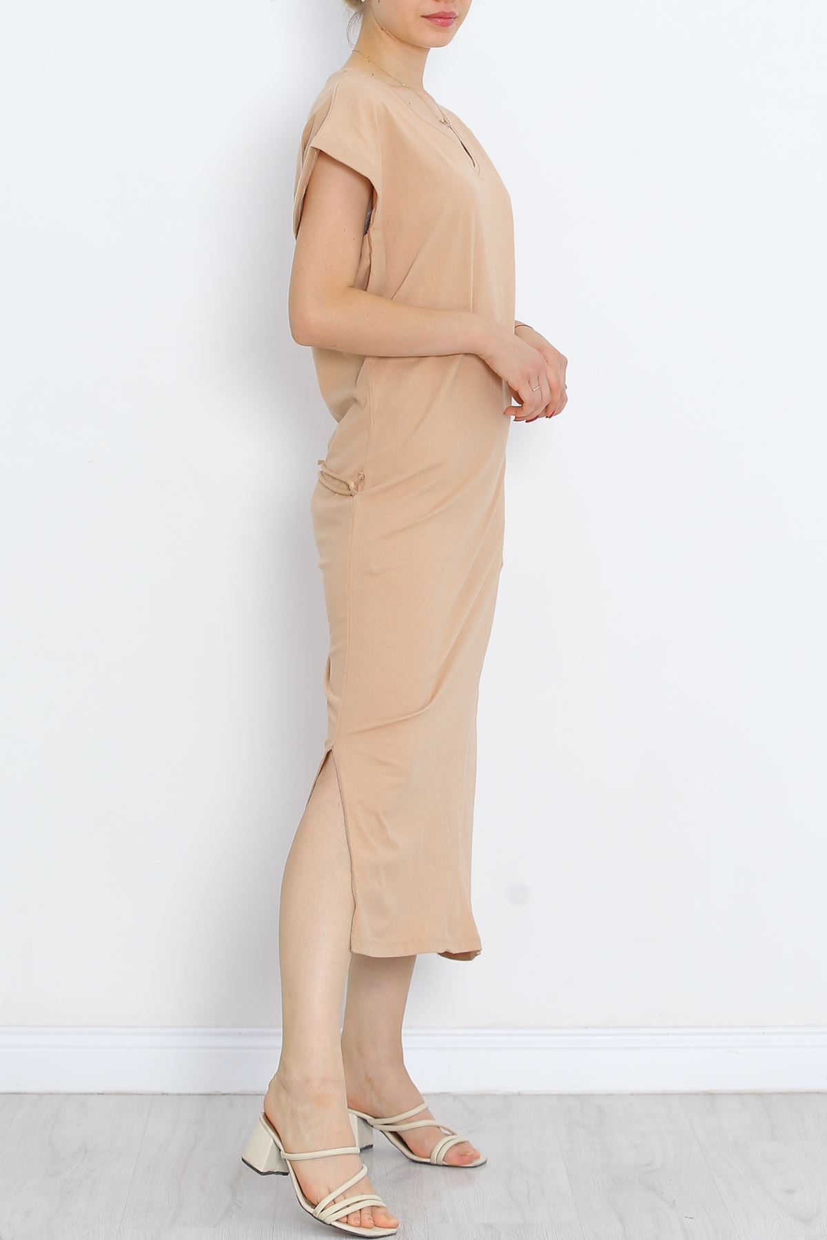 V Neck Single Jersey Dress Sütlükahve - 15864.1567.