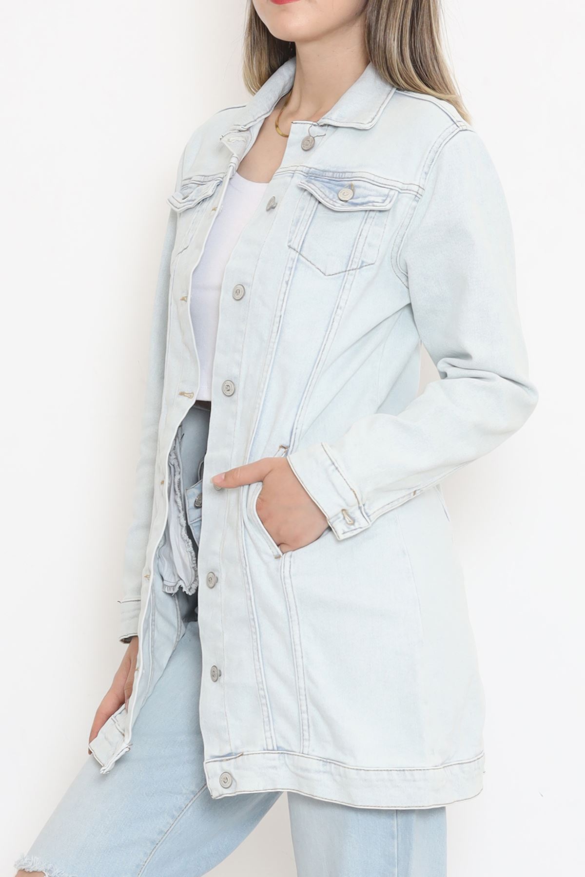 Double Pocket Long Denim Jacket Ice Blue - 18547.1836.