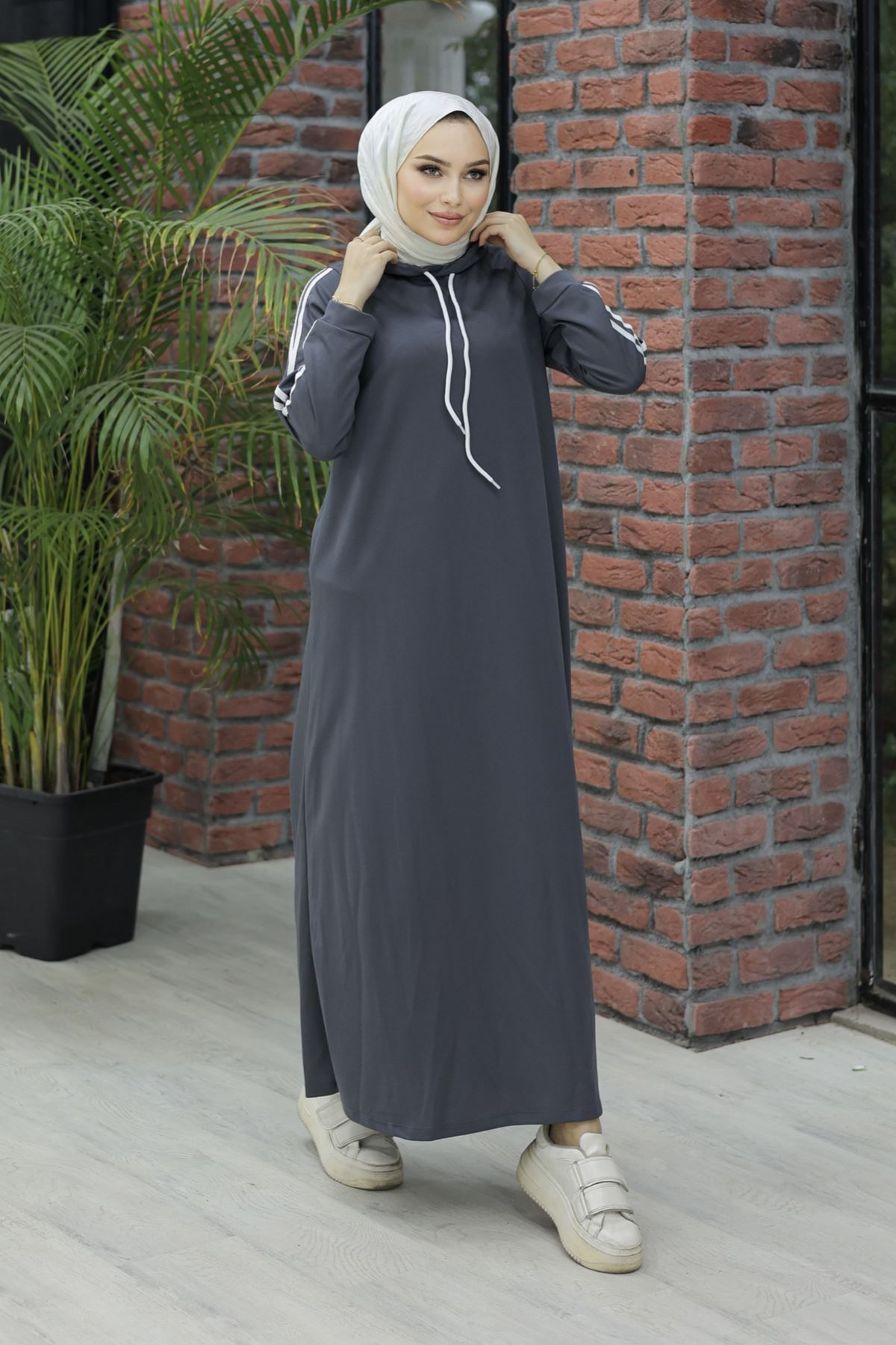 Hooded Stripe Detailed Dress Smoked - 10005.1778.